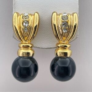 Vintage Inspired Black Bead Drop Earrings Gold Tone with Rhinestones ClassicGlam